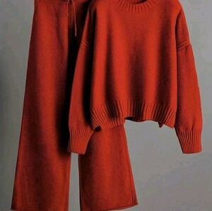 2 PC Pants & Sweater Suit Women Autumn Set Tracksuits Pullover Knit Size L Red